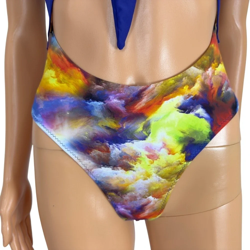 Zuiki Reversible One‎ Piece Swimsuit Blue Abstract Cloud Print Cutout Tie Front